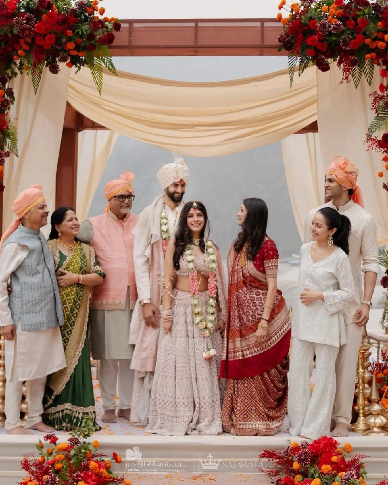 Royal red wedding safa and embroidered groom styling for Bang Tao